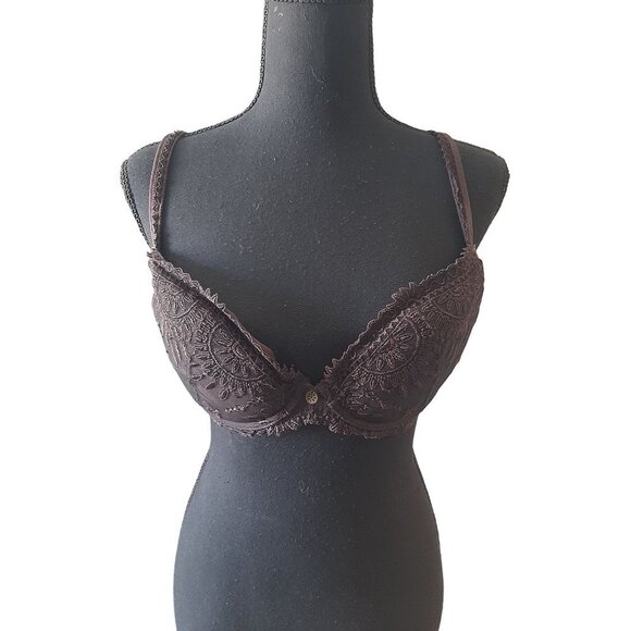 Chantelle Brown Lace Padded Wired Bra Size 38D Sun Pattern Flirty Casual - Picture 1 of 9